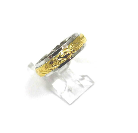 SILVER 925 HAWAIIAN MAILE LEAF 4MM/6MM DOUBLE BAND RING YELLOW GOLD PLATED 2 TONE (PR-79)