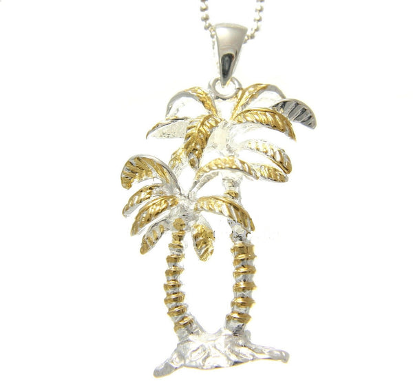 SILVER 925 HAWAIIAN TROPICAL DOUBLE PALM TREE PENDANT YELLOW GOLD PLATED 2 TONE (PTJ-18)
