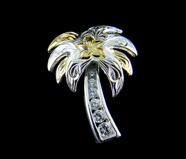 SILVER 925 2 TONE YELLOW HAWAIIAN PLUMERIA FLOWER SCROLL PALM TREE CZ PENDANT (PTJ-20)