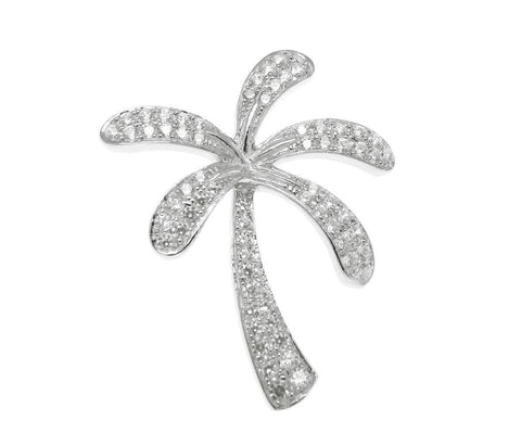 SOLID 925 STERLING SILVER HAWAIIAN PALM TREE SLIDE PENDANT CZ RHODIUM 20MM (PTJ-26)