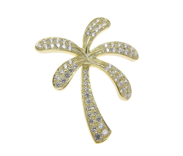 YELLOW GOLD SOLID 925 STERLING SILVER HAWAIIAN PALM TREE SLIDE PENDANT CZ 20MM (PTJ-27)