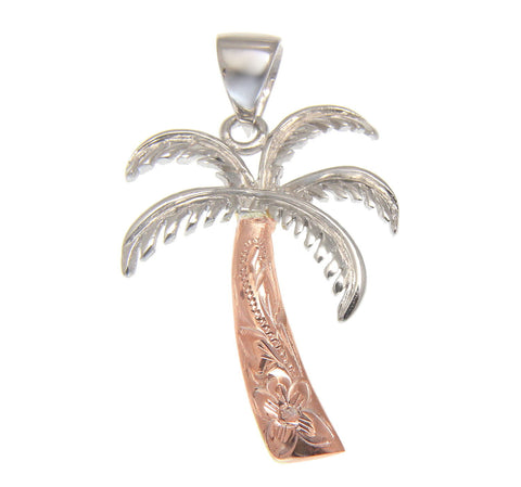 2 TONE 21MM PINK ROSE SILVER 925 HAWAIIAN PALM TREE SCROLL PENDANT CHARM RHODIUM (PTJ-29)