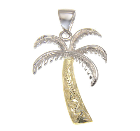 2 TONE 21MM YELLOW GOLD SILVER 925 HAWAIIAN PALM TREE SCROLL PENDANT RHODIUM (PTJ-30)