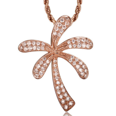 ROSE GOLD ON SOLID 925 STERLING SILVER HAWAIIAN PALM TREE SLIDE PENDANT CZ 20MM (PTJ-32)