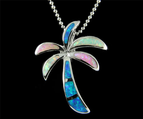 INLAY BLUE PINK WHITE TRICOLOR OPAL HAWAIIAN PALM TREE SLIDE PENDANT SILVER 925 (PTJ-34)