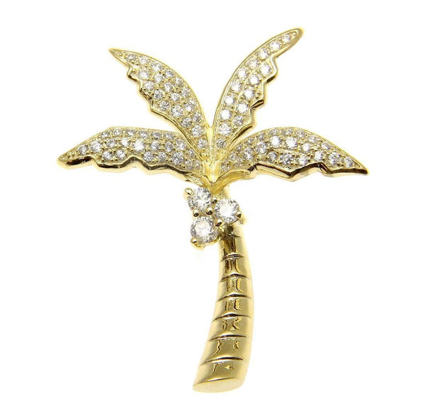 YELLOW GOLD ON SOLID 925 STERLING SILVER HAWAIIAN 3D PALM TREE SLIDE PENDANT CZ (PTJ-36)