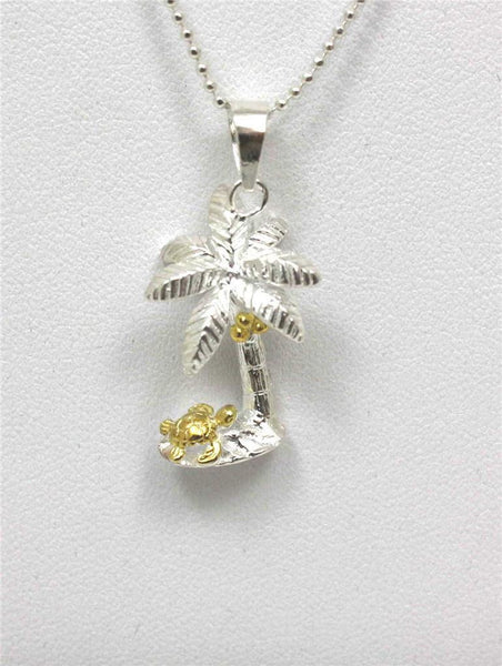 SILVER 925 HAWAIIAN 3D YELLOW GOLD PLATED SEA TURTLE UNDER PALM TREE PENDANT (PTJ-6)