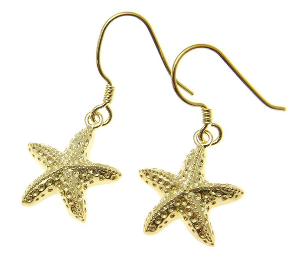 YELLOW GOLD PLATED SILVER 925 HAWAIIAN SEA STARFISH HOOK LEVERBACK EARRINGS 15MM (SFJ-27)