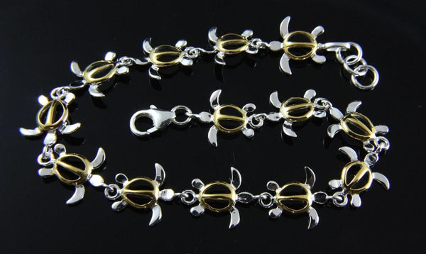 YELLOW GOLD PLATED 2 TONE STERLING SILVER 925 HAWAIIAN HONU TURTLE LINK BRACELET 7" or 7.5" (TB-2)