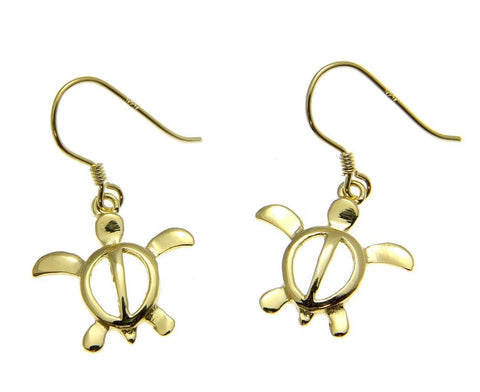 YELLOW GOLD PLATED SILVER 925 HAWAIIAN HONU TURTLE HOOK LEVERBACK EARRINGS 16MM (TE-45)