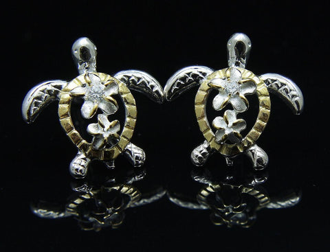 SILVER 925 YELLOW GOLD PLATED HAWAIIAN PLUMERIA HONU TURTLE EARRINGS 13.40MM (TE-47)