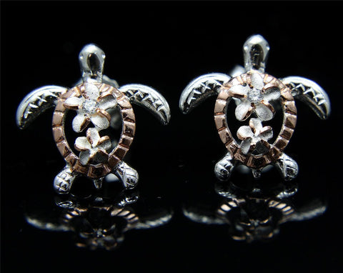 SILVER 925 ROSE GOLD PLATED HAWAIIAN PLUMERIA HONU TURTLE EARRINGS 13.40MM (TE-48)