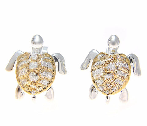 SILVER 925 HAWAIIAN 13MM HONU SEA TURTLE STUD POST EARRINGS 2 TONE YELLOW GOLD (TE-51)