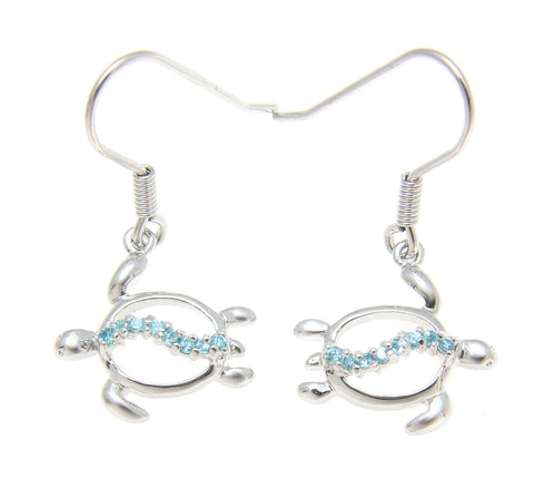 STERLING SILVER 925 HAWAIIAN HONU TURTLE DANGLING WIRE HOOK EARRINGS BLUE CZ (TE-56)