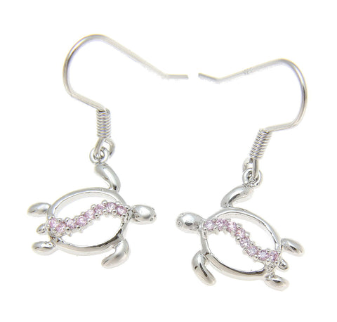 STERLING SILVER 925 HAWAIIAN HONU TURTLE DANGLING WIRE HOOK EARRINGS PINK CZ (TE-60)