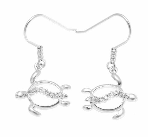 STERLING SILVER 925 HAWAIIACZN HONU TURTLE DANGLING WIRE HOOK EARRINGS WHITE CZ (TE-61)