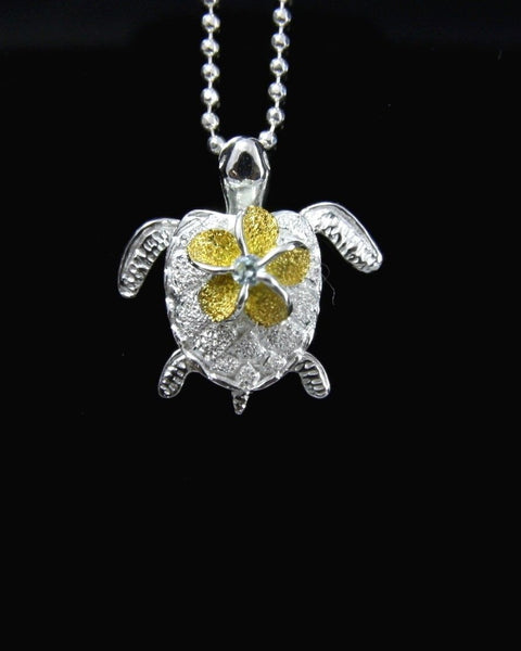 SILVER 925 HAWAIIAN 3D TURTLE CARRY YELLOW MOVABLE PLUMERIA FLOWER PENDANT (TP-101)