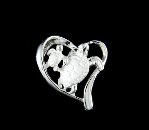 SILVER 925 HAWAIIAN MOTHER BABY HONU SEA TURTLE FLOATING HEART SLIDE PENDANT (TP-102)