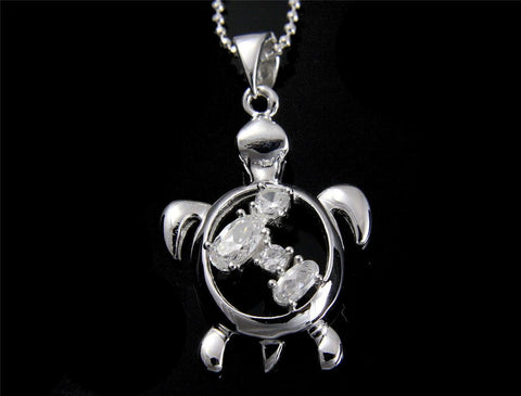 STERLING SILVER 925 SHINY HAWAIIAN HONU TURTLE PENDANT CZ 16MM (TP-104)