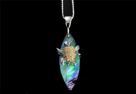 ABALONE PAUA SHELL SURFBOARD SILVER 925 HAWAIIAN MOVING 2 TONE TURTLE PENDANT (TP-105)