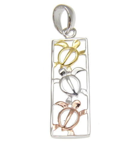 YELLOW ROSE GOLD ON SILVER 925 TRICOLOR HAWAIIAN HONU TURTLE VERTICAL PENDANT (TP-110)