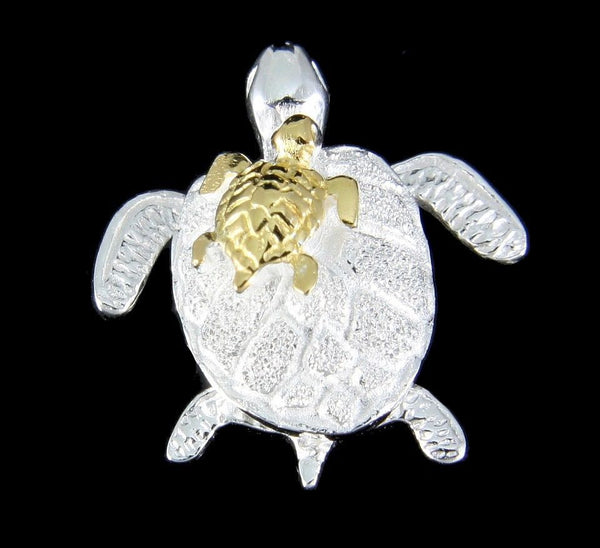 SILVER 925 HAWAIIAN HONU MOM YELLOW GOLD PLATED BABY TURTLE MOVABLE PENDANT (TP-114)