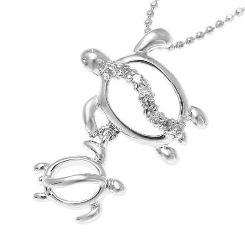 STERLING SILVER 925 RHODIUM MOTHER BABY HAWAIIAN HONU TURTLE PENDANT CZ (TP-118)