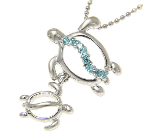 STERLING SILVER 925 RHODIUM MOTHER BABY HAWAIIAN HONU TURTLE PENDANT BLUE CZ (TP-124)