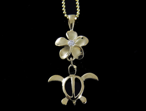 SILVER 925 HAWAIIAN PLUMERIA FLOWER CZ HONU TURTLE PENDANT YELLOW GOLD PLATED (TP-126)