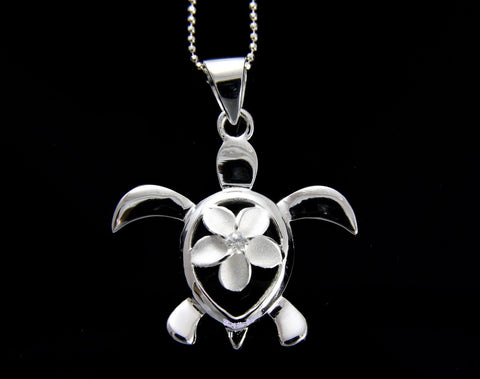 SILVER 925 HAWAIIAN HONU TURTLE PLUMERIA PENDANT CZ (TP-127)