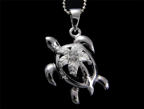 STERLING SILVER 925 HAWAIIAN PALM TREE SEA TURTLE PENDANT CZ (TP-128)