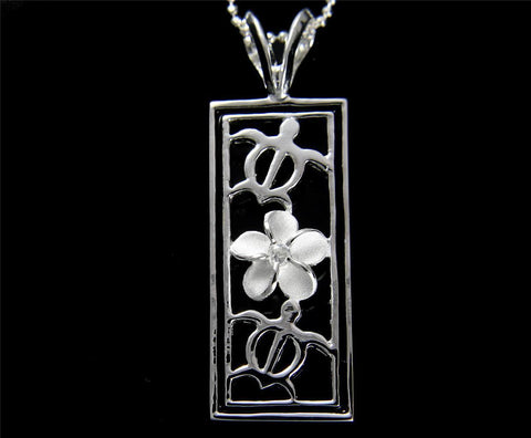 SILVER 925 HAWAIIAN PLUMERIA FLOWER HONU TURTLE BLACK ENAMEL VERTICAL PENDANT CZ (TP-129)