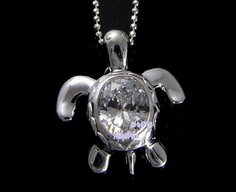 STERLING SILVER 925 HAWAIIAN SEA TURTLE PENDANT OVAL WHITE CLEAR CZ 17.8MM (TP-130)