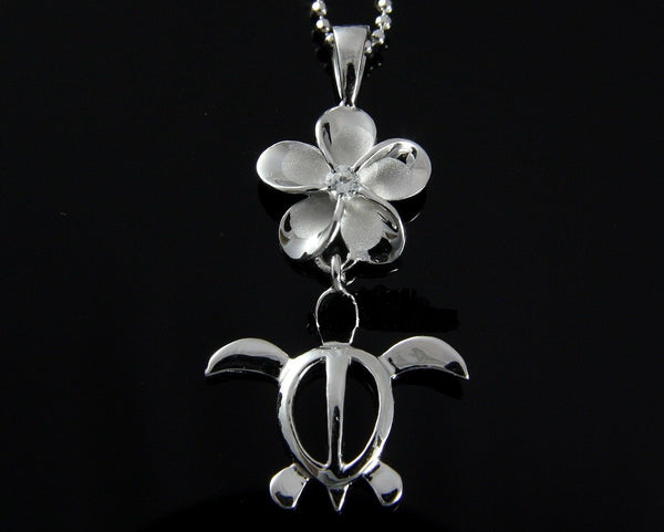 SILVER 925 HAWAIIAN PLUMERIA FLOWER DANGLE HONU SEA TURTLE PENDANT RHODIUM (TP-139)