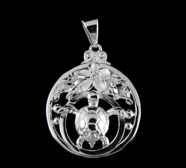 STERLING SILVER 925 HAWAIIAN PLUMERIA FLOWER SEA TURTLE HONU MAILE LEAF PENDANT (TP-142)