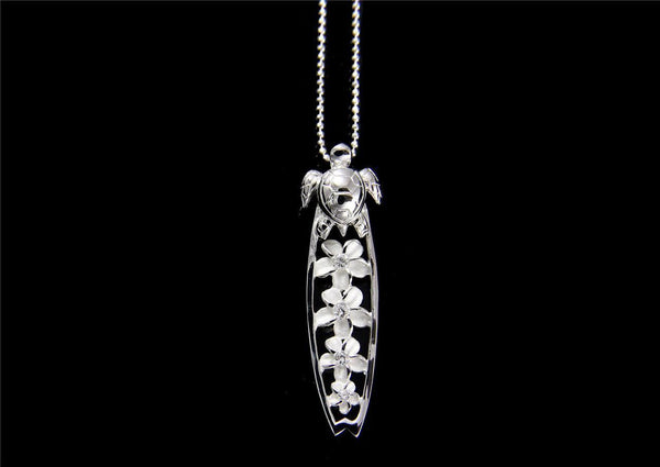 SILVER 925 HAWAIIAN SEA TURTLE PLUMERIA FLOWER SURFBOARD SLIDE PENDANT CZ (TP-143)