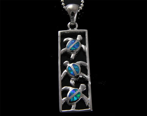 INLAY OPAL HAWAIIAN 3 HONU TURTLE STERLING SILVER 925 VERTICAL PENDANT (TP-144)