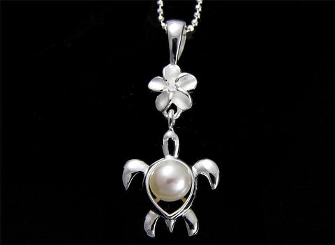 SILVER 925 HAWAIIAN PLUMERIA FLOWER DANGLE HONU TURTLE FRESH WATER PEARL PENDANT (TP-147)