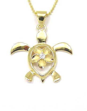 YELLOW GOLD SILVER 925 HAWAIIAN HONU TURTLE PLUMERIA FLOWER PENDANT CZ (TP-152)