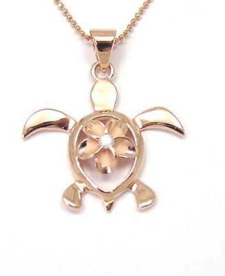 PINK ROSE GOLD SILVER 925 HAWAIIAN HONU SEA TURTLE PLUMERIA FLOWER PENDANT CZ (TP-153)