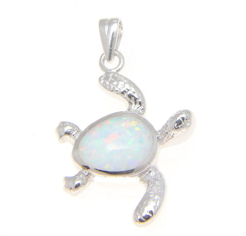 INLAY WHITE OPAL HAWAIIAN SWIMMING HONU TURTLE PENDANT STERLING SILVER 925 (TP-160)