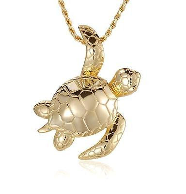 YELLOW GOLD PLATED SILVER 925 SHINY 3D HAWAIIAN SEA TURTLE SLIDER PENDANT (TP-168)