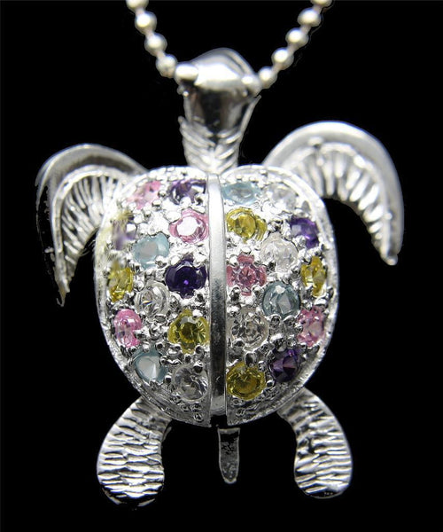 STERLING SILVER 925 HAWAIIAN 3D MOVING SEA TURTLE PENDANT MULTI COLOR CZ 17.80MM (TP-169)