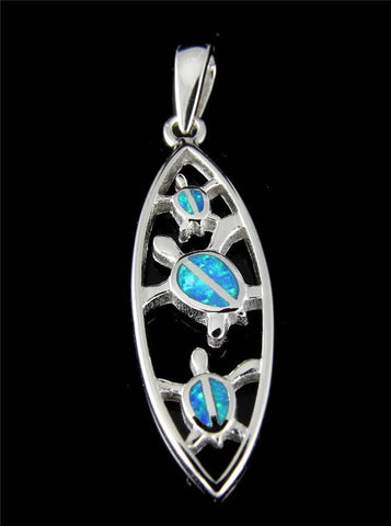 INLAY OPAL STERLING SILVER 925 HAWAIIAN CUT OUT HONU TURTLE SURFBOARD PENDANT (TP-174)