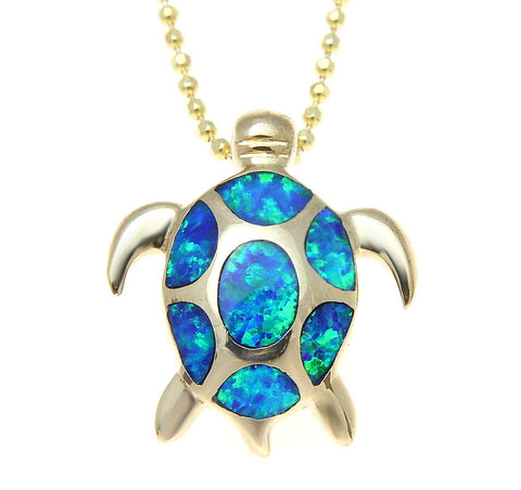 INLAY OPAL YELLOW GOLD PLATED SILVER 925 HAWAIIAN SEA TURTLE HONU PENDANT SMALL (TP-176)