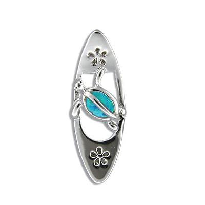 INLAY OPAL HAWAIIAN HONU TURTLE SILVER 925 SURFBOARD CUT OUT PLUMERIA PENDANT (TP-180)