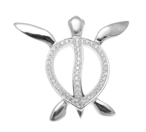 SOLID 925 STERLING SILVER HAWAIIAN SWIMMING HONU TURTLE SLIDE PENDANT CZ RHODIUM (TP-186)