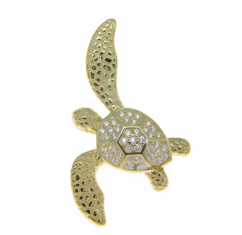 YELLOW GOLD SOLID 925 SILVER HAWAIIAN SWIMMING SEA TURTLE SLIDE PENDANT CZ (TP-188)