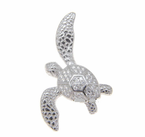 SOLID 925 STERLING SILVER HAWAIIAN SWIMMING SEA TURTLE SLIDE PENDANT CZ RHODIUM (TP-191)