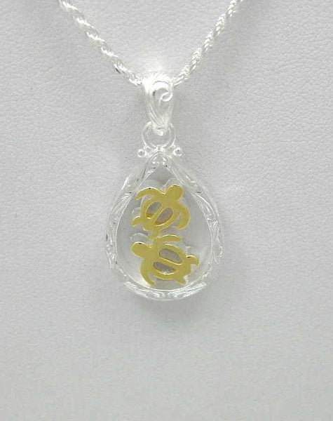 STERLING SILVER 925 HAWAIIAN SCROLL YELLOW GOLD PLATED HONU TURTLE PENDANT HEAVY (TP-193)